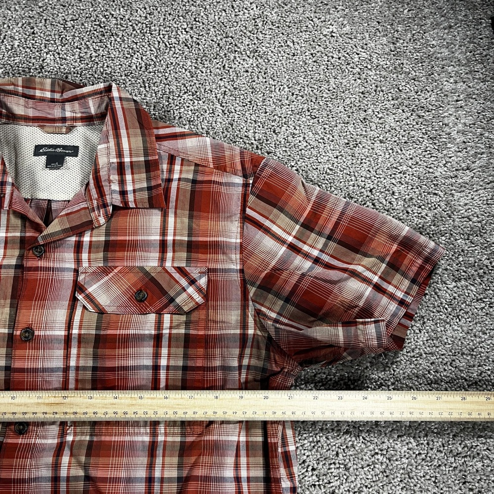 Eddie Bauer Mens Large Orange Plaid Short Sleeve Button Down Hiking Shirt - Picture 4 of 7